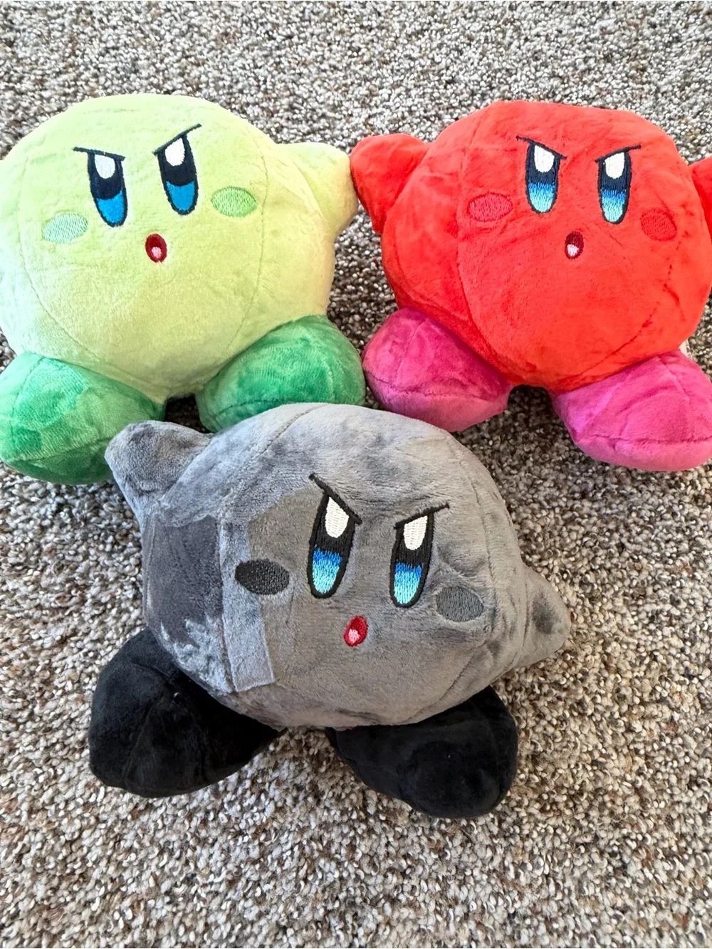 Kirby Plush Bundle Set of 3 Green Red Gray Angry Face NWT